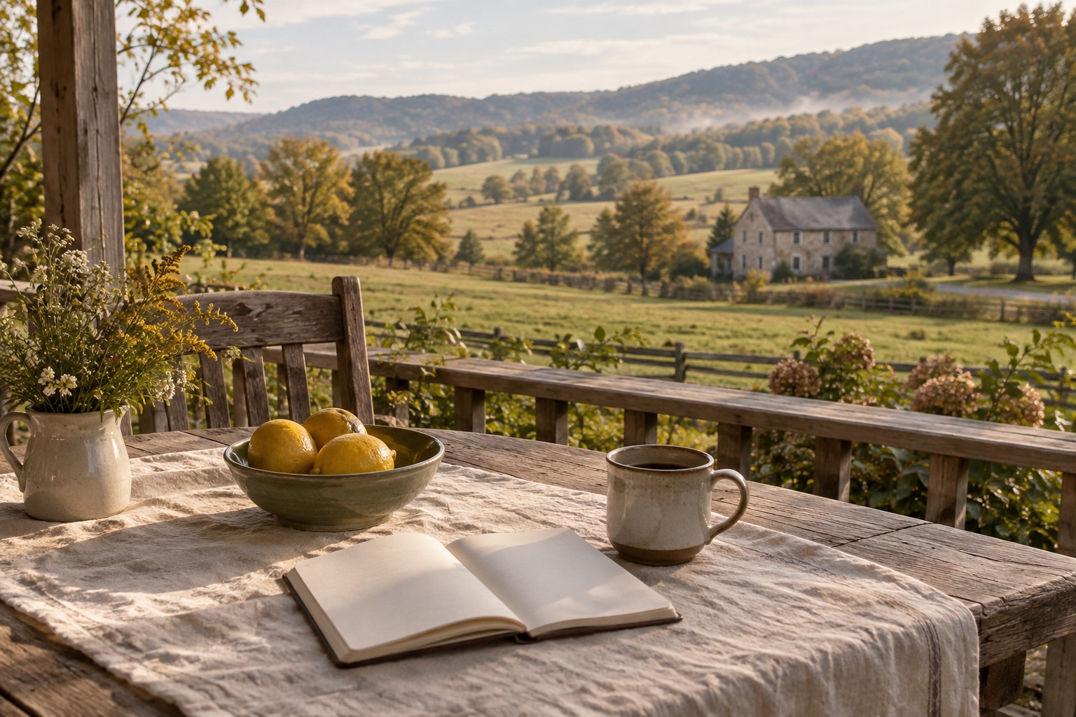 Lemons, a notebook, and a mug on a porch overlooking Pennsylvania-inspired countryside in early fall.